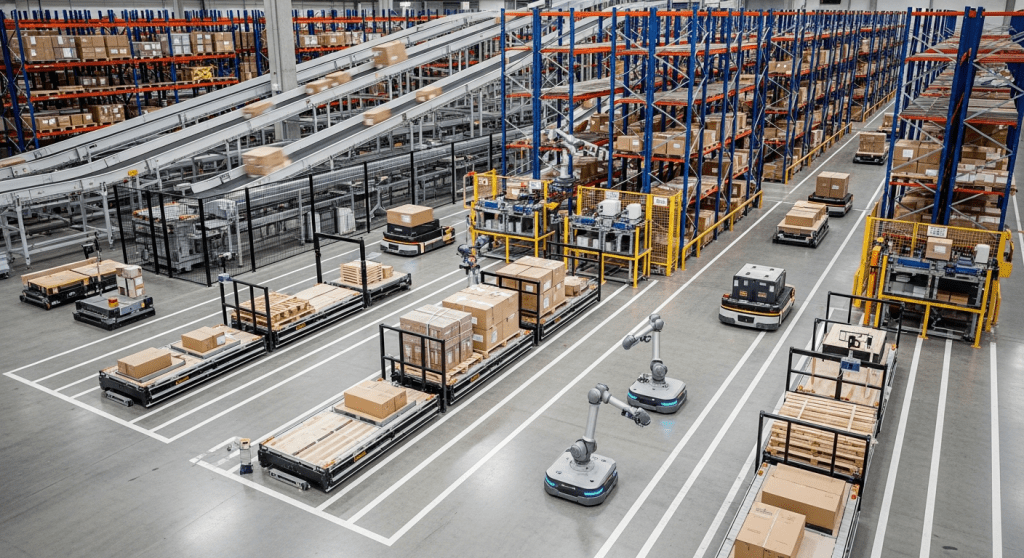 Modern warehouse with robotics, automated guided vehicles, and conveyor systems, illustrating how CyberStockroom’s visual inventory mapping supports automation and efficient material flow.