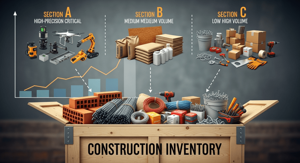 Construction inventory ABC analysis visual separating critical, medium, and low-priority materials, illustrating how CyberStockroom’s visual inventory map improves inventory visibility and prioritization.