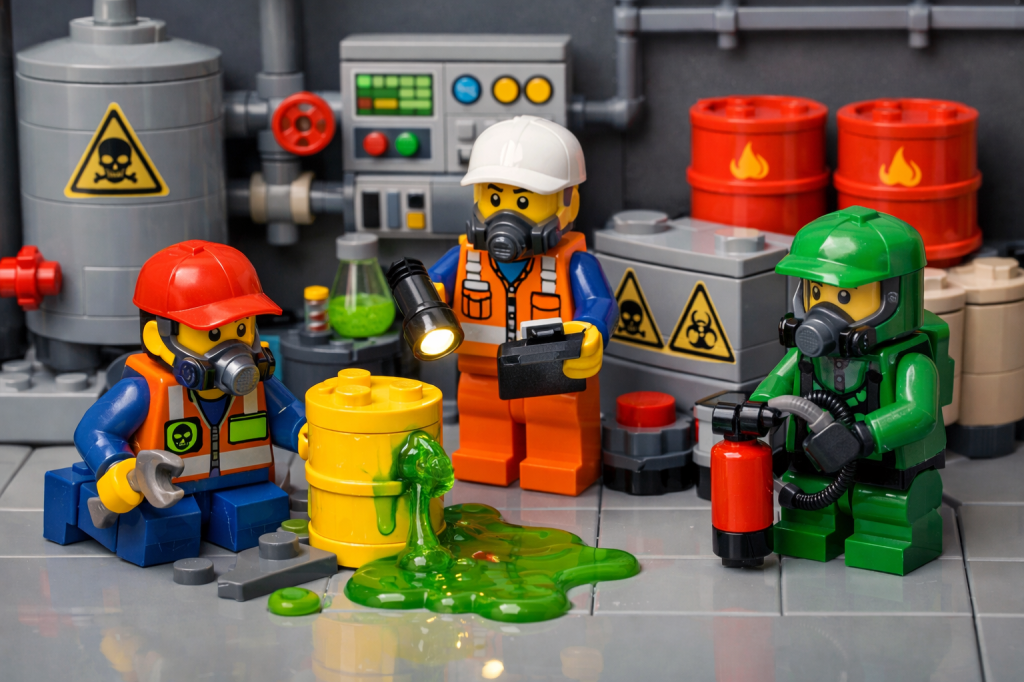 Hazardous inventory storage with a leaking chemical container, illustrating how CyberStockroom’s Inventory Map supports inventory visibility and safer management of hazardous materials