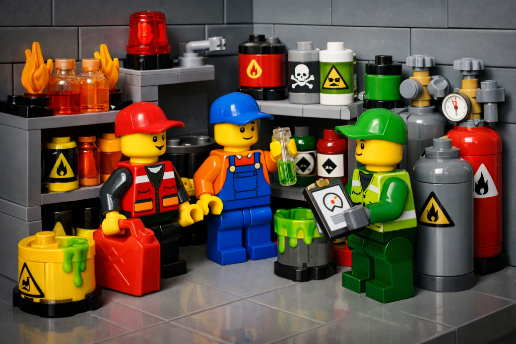 Hazardous materials inventory with labeled containers and inspections, illustrating how CyberStockroom’s Inventory Map supports inventory visibility and compliant storage.