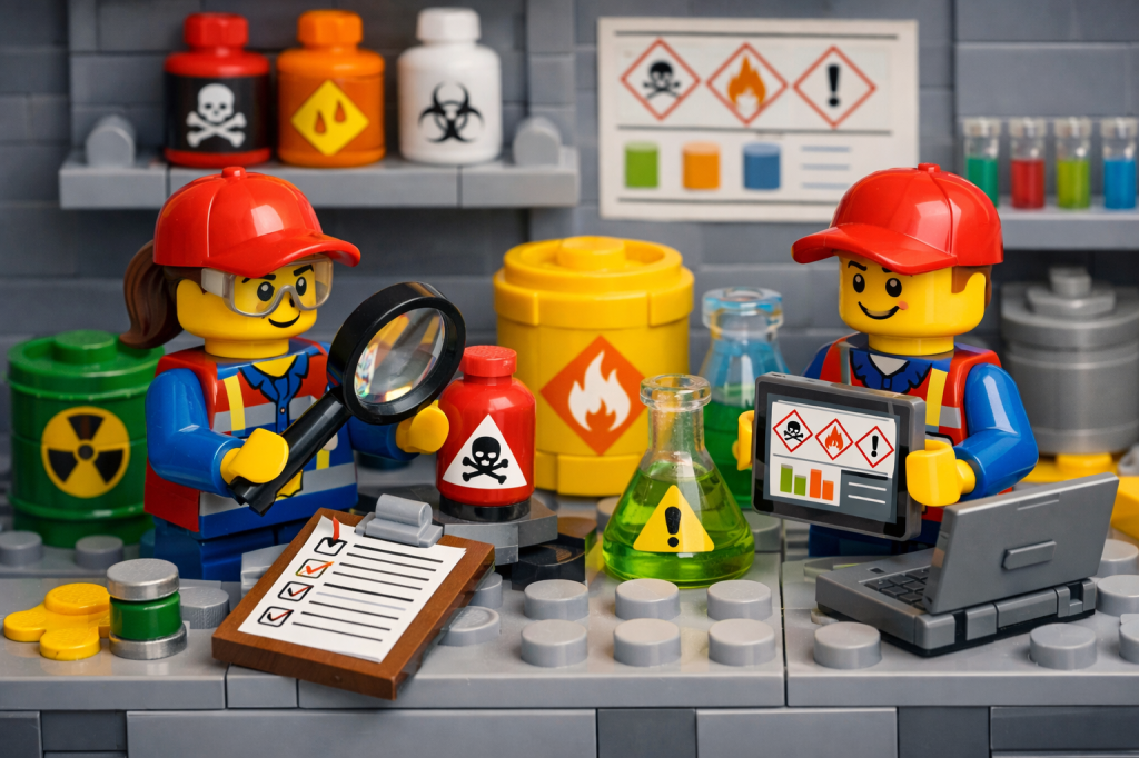 Hazardous materials being inspected and documented, showing how CyberStockroom’s Inventory Map improves inventory visibility and compliance tracking.