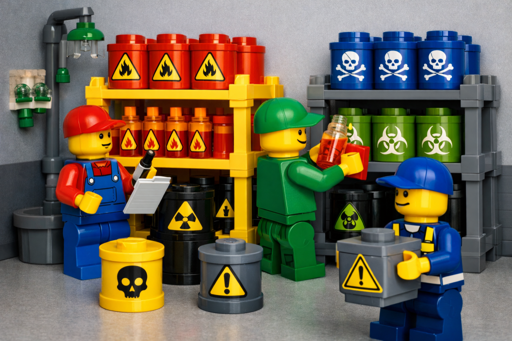 Hazardous materials stored in clearly segregated areas, showing how CyberStockroom’s Inventory Map improves inventory visibility and safe storage planning.