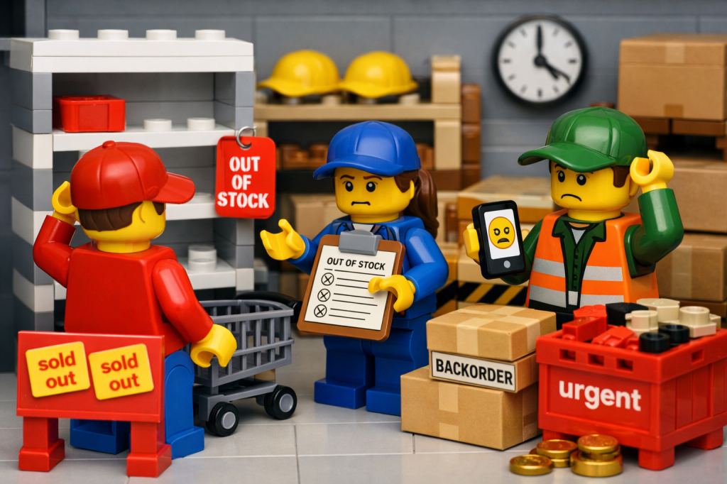 Out-of-stock shelves and urgent backorders in a warehouse, illustrating how CyberStockroom’s Inventory Map supports inventory visibility and demand alignment.