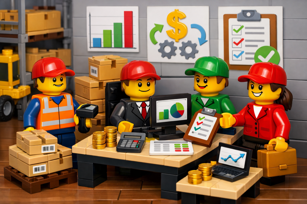 Cross-functional team analyzing inventory levels and financial data, illustrating how CyberStockroom’s Inventory Map supports complete inventory visibility and data-driven decisions