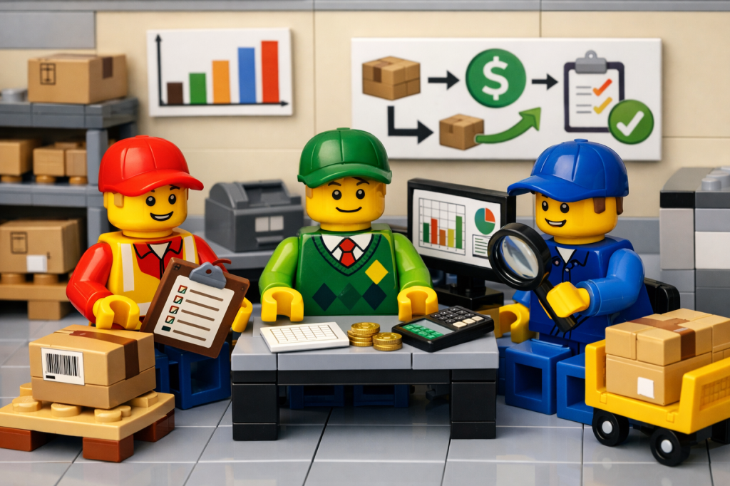 Cross-functional team aligning inventory, finance, and procurement decisions, illustrating how CyberStockroom’s Inventory Map supports inventory visibility and supply chain agility.