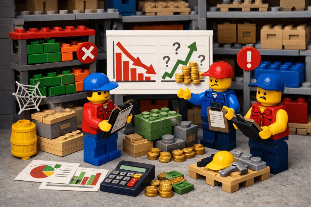 Warehouse team analyzing slow-moving stock, stockouts, and tied-up capital, showing how CyberStockroom improves inventory visibility and waste reduction.