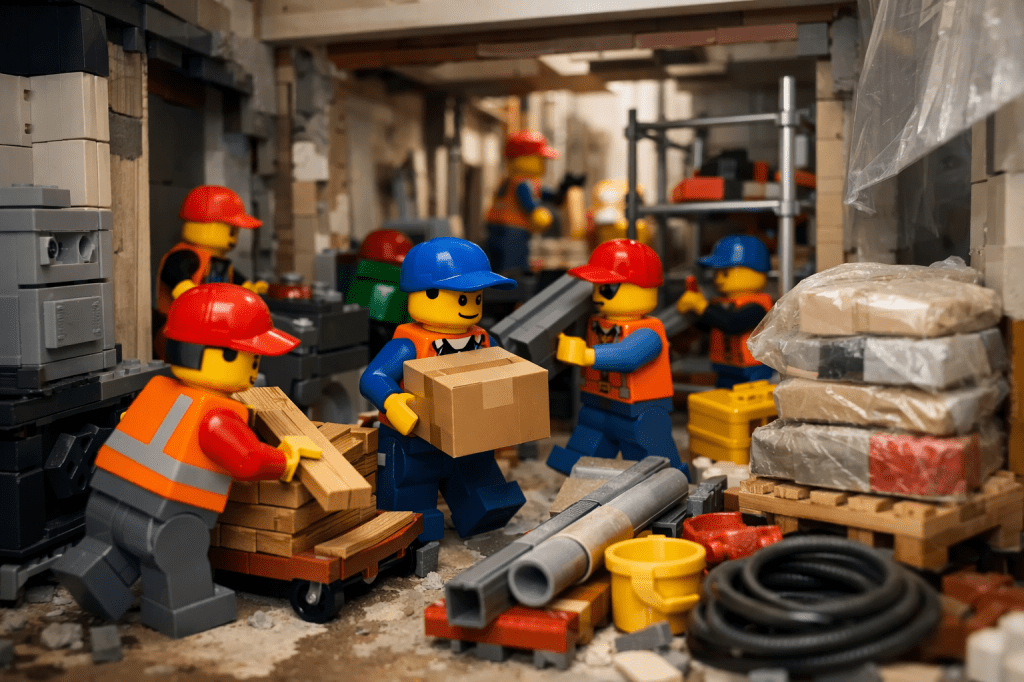 CyberStockroom inventory visibility concept showing a crowded renovation site with limited storage space, stacked materials, pipes, pallets, and workers moving boxes in tight hallways, illustrating space constraints and the need for organized inventory control during renovation projects.