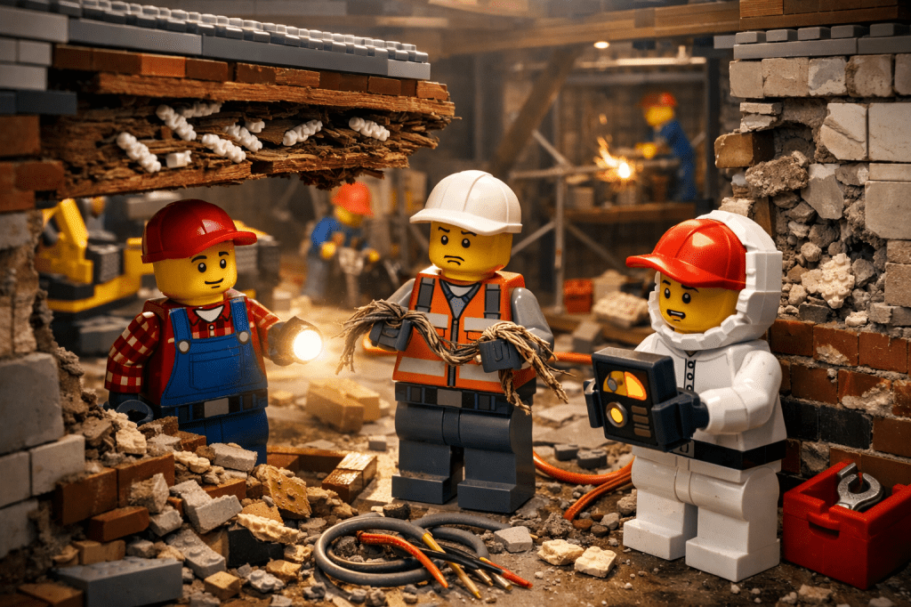 CyberStockroom renovation inventory challenge concept showing workers uncovering hidden wiring and structural damage behind old walls, illustrating unexpected conditions, scope changes, and shifting material requirements during renovation projects.