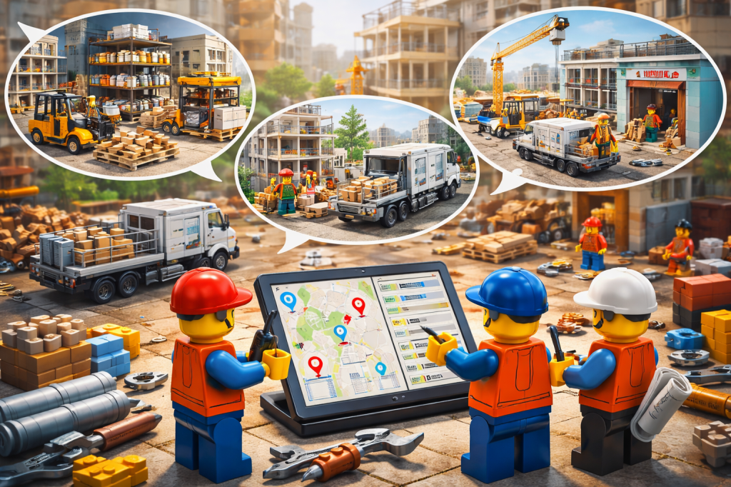 CyberStockroom multi-site inventory tracking concept showing construction teams managing materials across multiple renovation locations, trucks, warehouses, and job sites using a centralized digital map with location markers to monitor distributed inventory in real time.