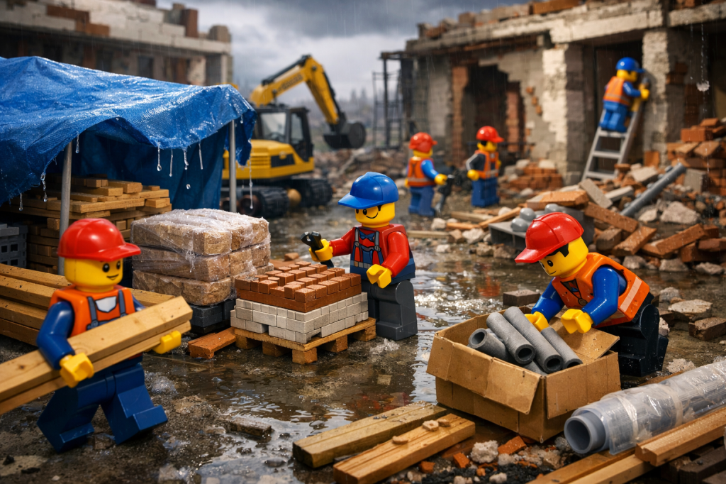 CyberStockroom construction inventory risk concept showing renovation materials stored outdoors under tarps in rainy conditions, with workers handling bricks and pipes in a partially demolished site, illustrating exposure to weather, damage risks, and the need for better inventory control on harsh job sites.
