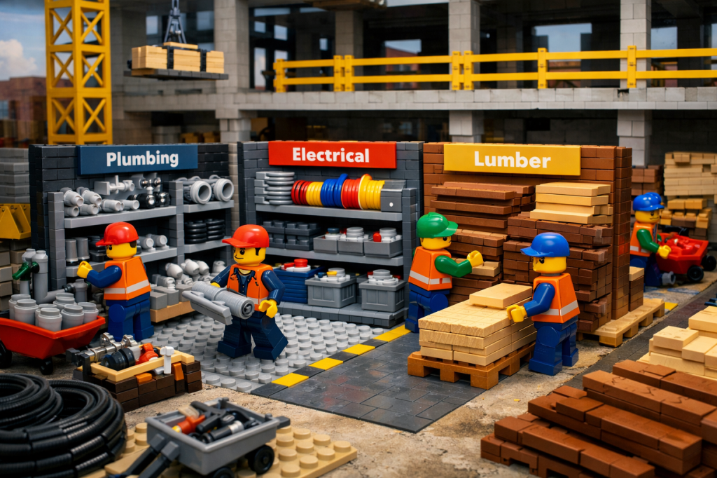CyberStockroom organized renovation site concept showing clearly labeled storage zones for plumbing, electrical, and lumber, with workers placing materials into designated areas to improve accessibility, protection, and inventory visibility in limited space.