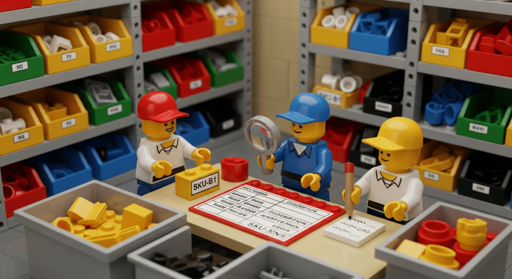 Team reviewing SKU labels and inventory names, showing how clear naming conventions improve inventory visibility in a CyberStockroom Inventory Map