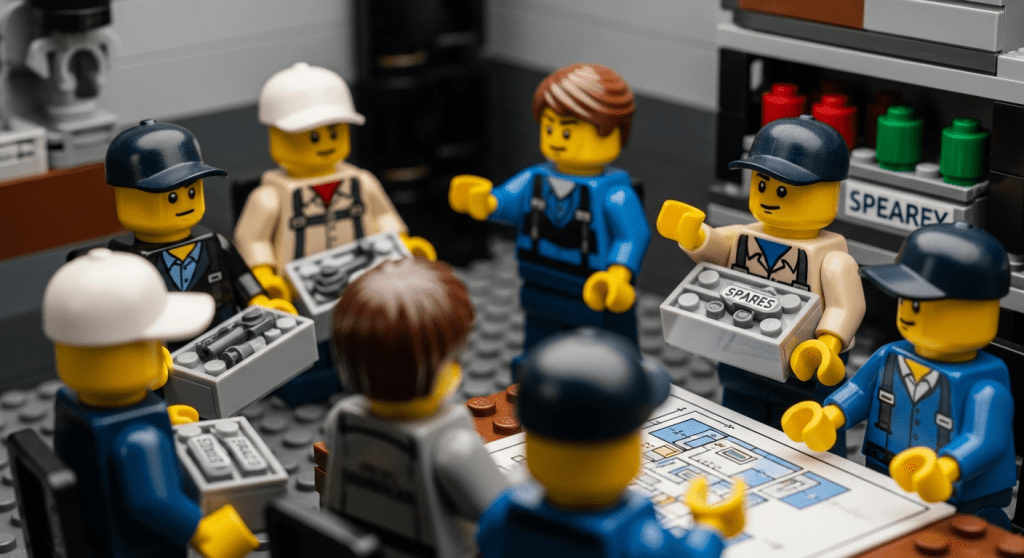 Project team reviewing spare parts storage and security plans during formal handover, aligned with the CyberStockroom Inventory Map to maintain ongoing inventory visibility and ownership accountability