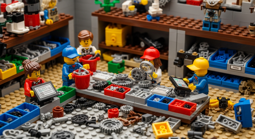 Visual representation of teams gathering and itemizing spare parts and materials, supported by the CyberStockroom Inventory Map for accurate tracking and full inventory visibility during handover