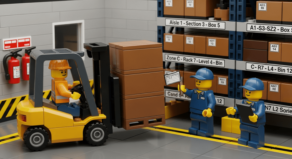 Warehouse inventory labeled by aisle, rack, and bin, illustrating how CyberStockroom’s Inventory Map supports standardized naming and accurate inventory visibility.