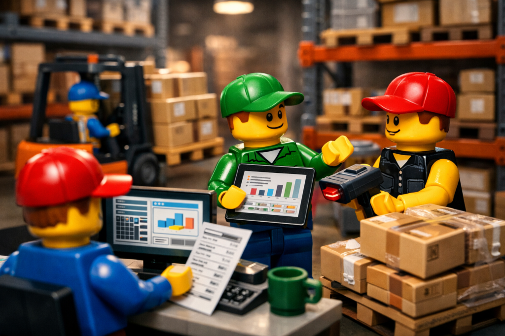 LEGO-style warehouse team analyzing stock levels and scanning packages, illustrating scalable and flexible inventory management with CyberStockroom Inventory Map and improved inventory visibility.