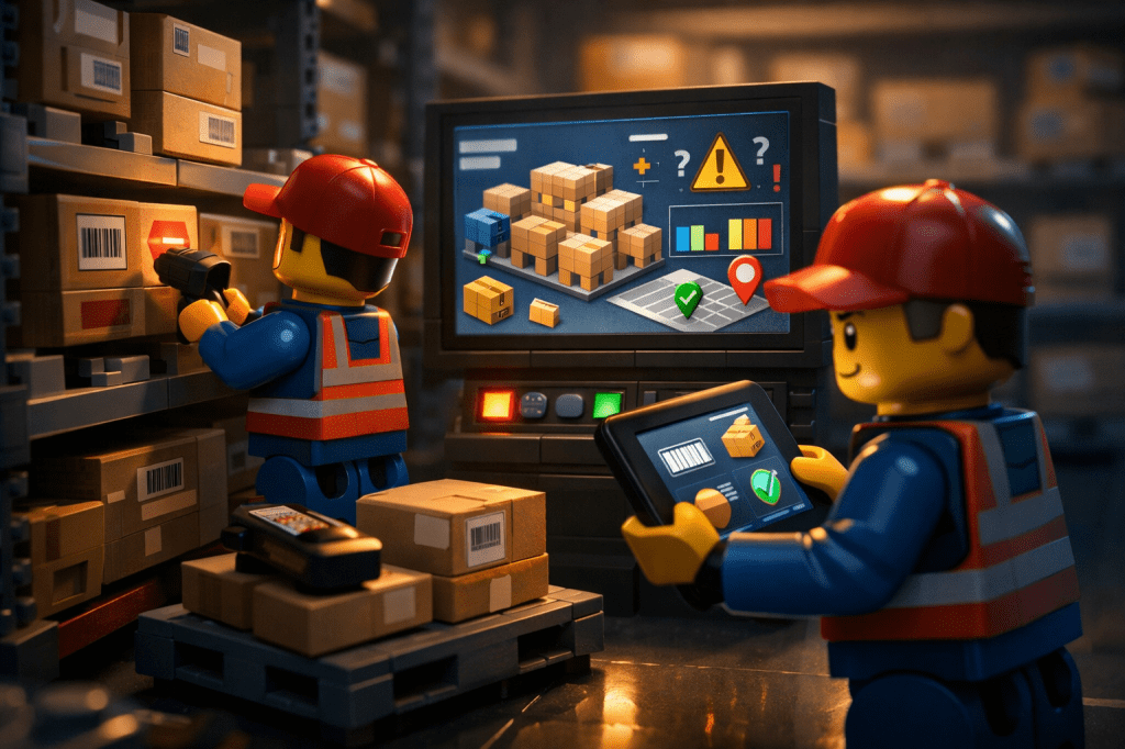 LEGO warehouse workers scanning boxes and reviewing inventory dashboards on a screen and tablet, showing how CyberStockroom’s Inventory Map turns inventory visibility into a measurable capability across locations.