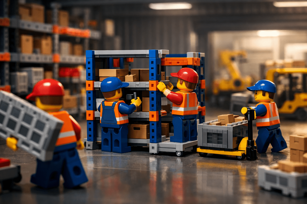 LEGO warehouse workers adjusting modular storage racks and moving pallets, showing how CyberStockroom’s Inventory Map supports flexible layouts and stronger inventory visibility as operations change.