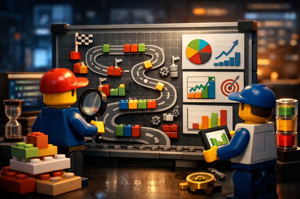 LEGO operations team reviewing an implementation roadmap board with charts and performance metrics, representing how CyberStockroom’s Inventory Map supports future-proof inventory visibility and measurable progress.