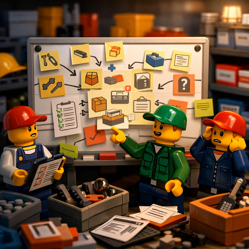LEGO warehouse team mapping tool tracking, consumables, and inventory processes on a planning board, representing improved inventory visibility and organization using CyberStockroom Inventory Map.