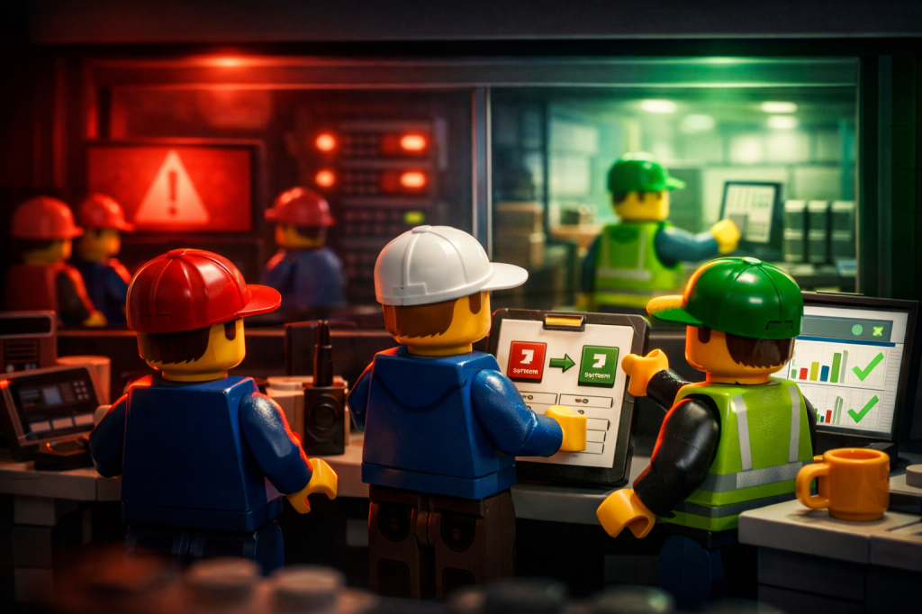 LEGO operations team monitoring a control room dashboard with red alerts switching to green status, illustrating how CyberStockroom’s Inventory Map supports controlled inventory system rollouts and clear inventory visibility during operational change.