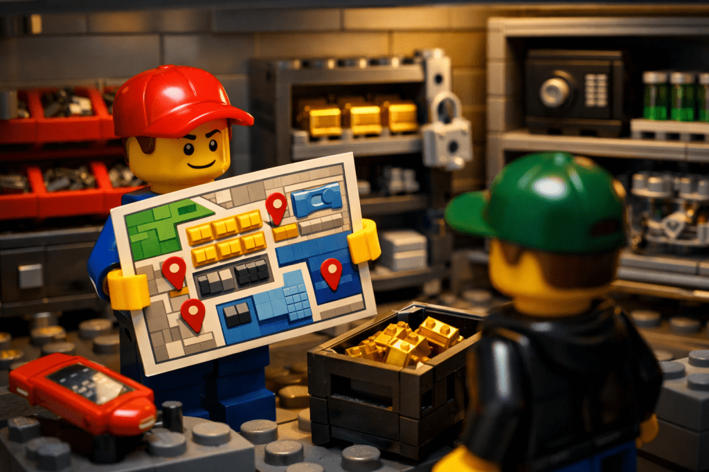 LEGO warehouse worker presenting a site layout map with location markers to a teammate, illustrating how CyberStockroom’s Inventory Map aligns inventory locations with how teams move through the site for better inventory visibility.
