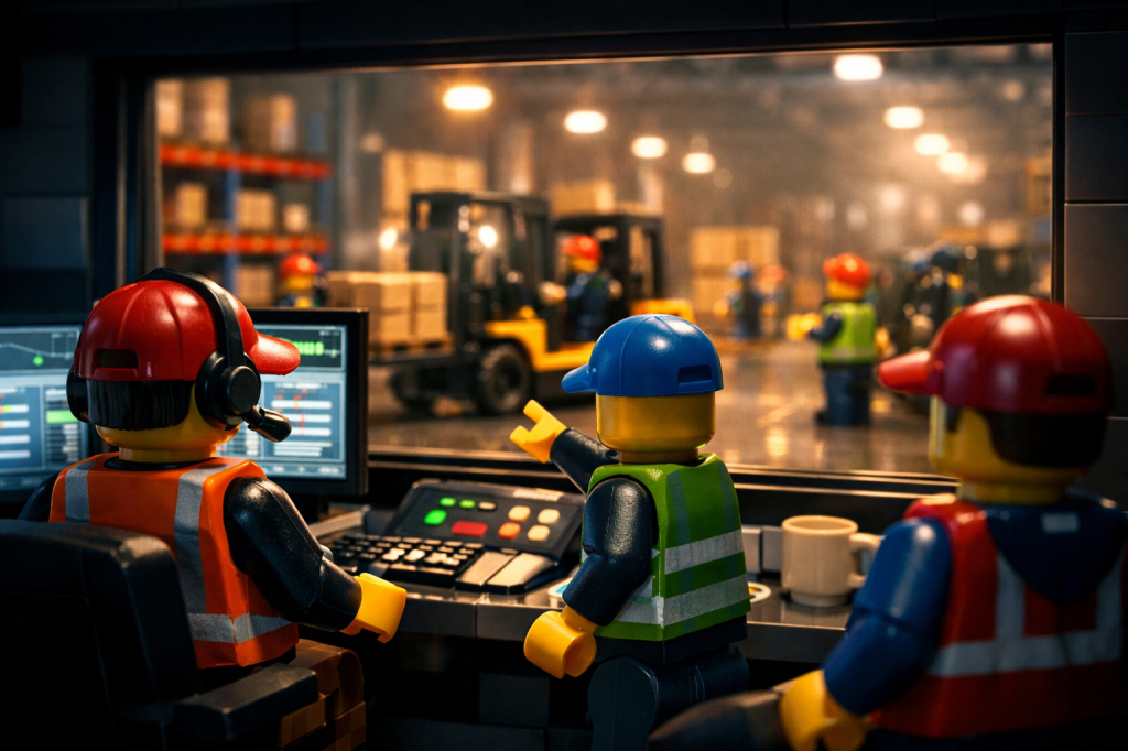 LEGO warehouse control room overseeing forklifts and operations on the floor, representing post-implementation monitoring and ongoing inventory visibility with the CyberStockroom Inventory Map.
