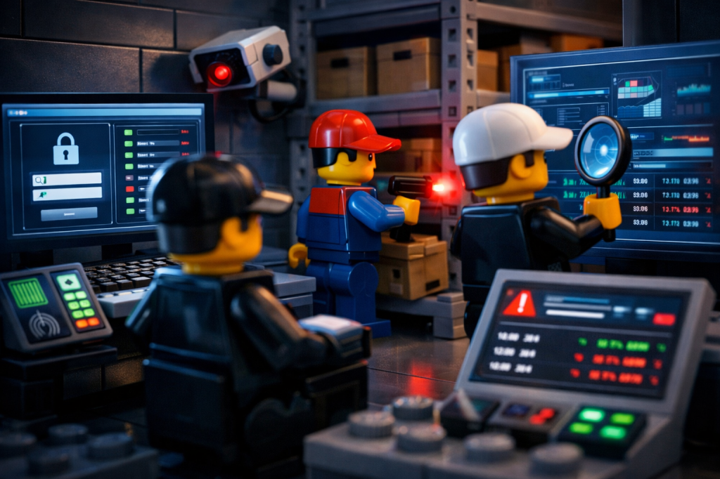 LEGO team monitoring secure inventory system dashboards with alerts and access controls, illustrating how CyberStockroom’s Inventory Map supports protected inventory visibility and operational data security.