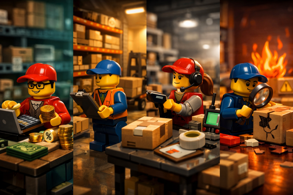 LEGO warehouse panels representing capital costs, storage costs, service costs, and inventory risk, showing how CyberStockroom Inventory Map supports inventory visibility and cost management.