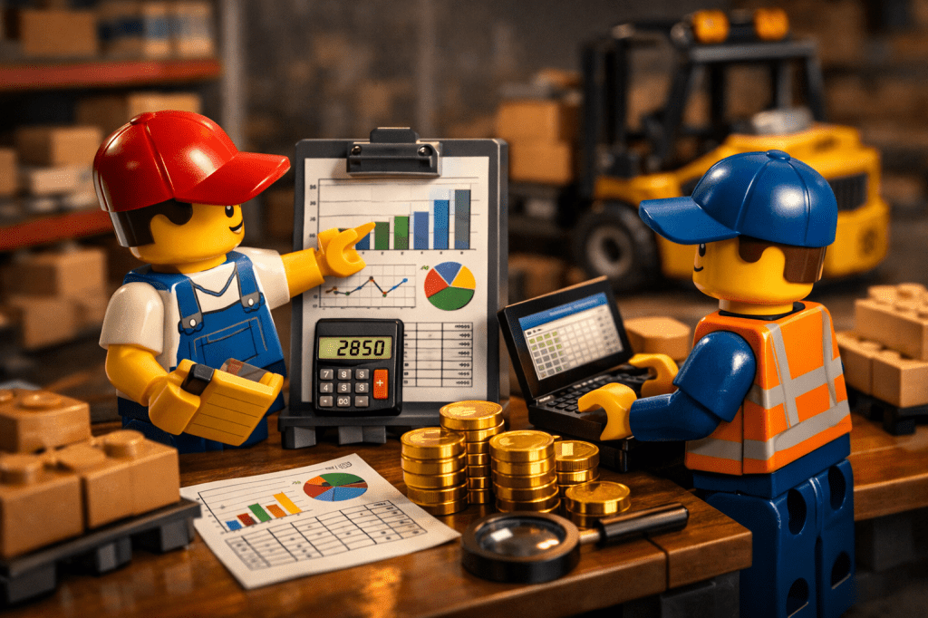 LEGO warehouse managers analyzing inventory carrying cost charts, calculator, and stock data, illustrating how CyberStockroom’s Inventory Map improves inventory visibility for tracking and reducing carrying costs.