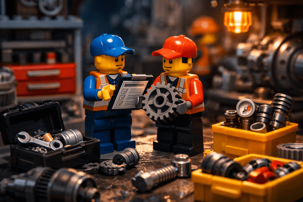 LEGO industrial workers checking spare parts and maintenance checklist beside bins of components, representing critical spare parts planning and inventory visibility using the CyberStockroom Inventory Map.