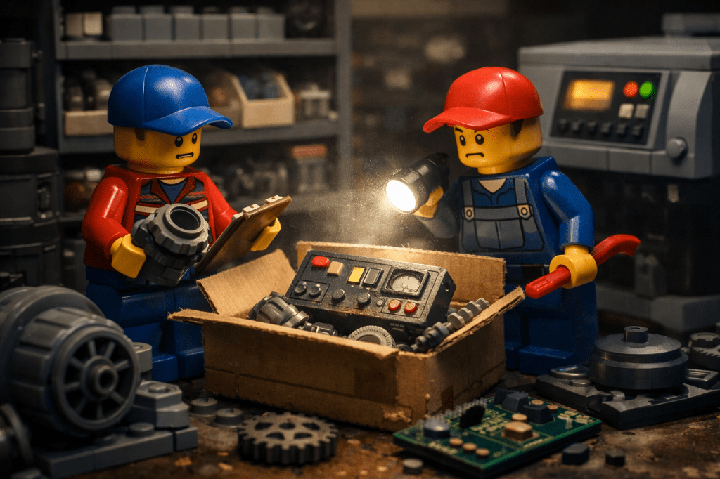 LEGO maintenance workers reviewing legacy spare parts and equipment components, representing critical spare management and obsolescence control using the CyberStockroom Inventory Map.