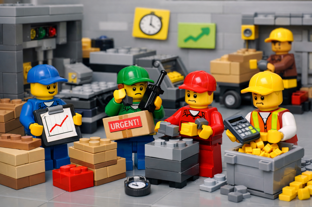 LEGO workers handling urgent inventory issues, excess materials, and planning errors, representing the impact of inaccurate BOM and the need for inventory visibility with CyberStockroom Inventory Map.