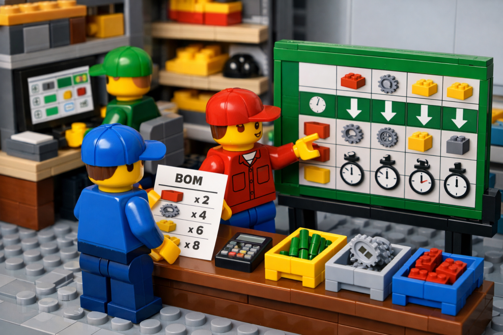 LEGO workers analyzing BOM list and workflow board showing parts flow to procurement, representing the planning chain from BOM to purchase orders using CyberStockroom Inventory Map
