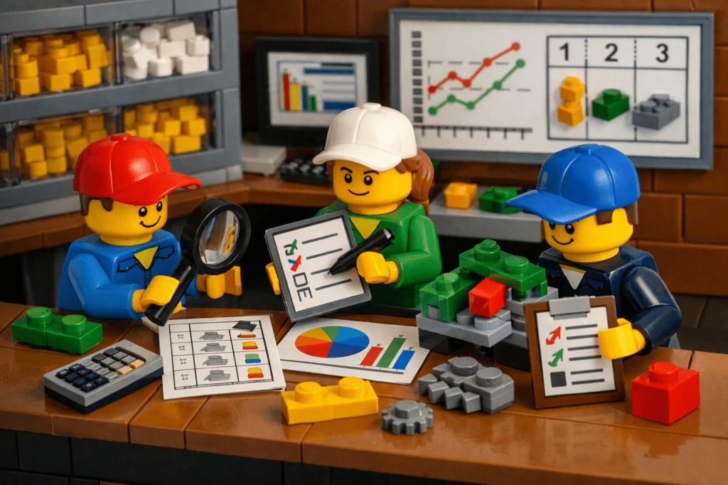 LEGO workers analyzing audit checklists, charts, and inventory data, representing how CyberStockroom supports actionable inventory audits and continuous process improvement.