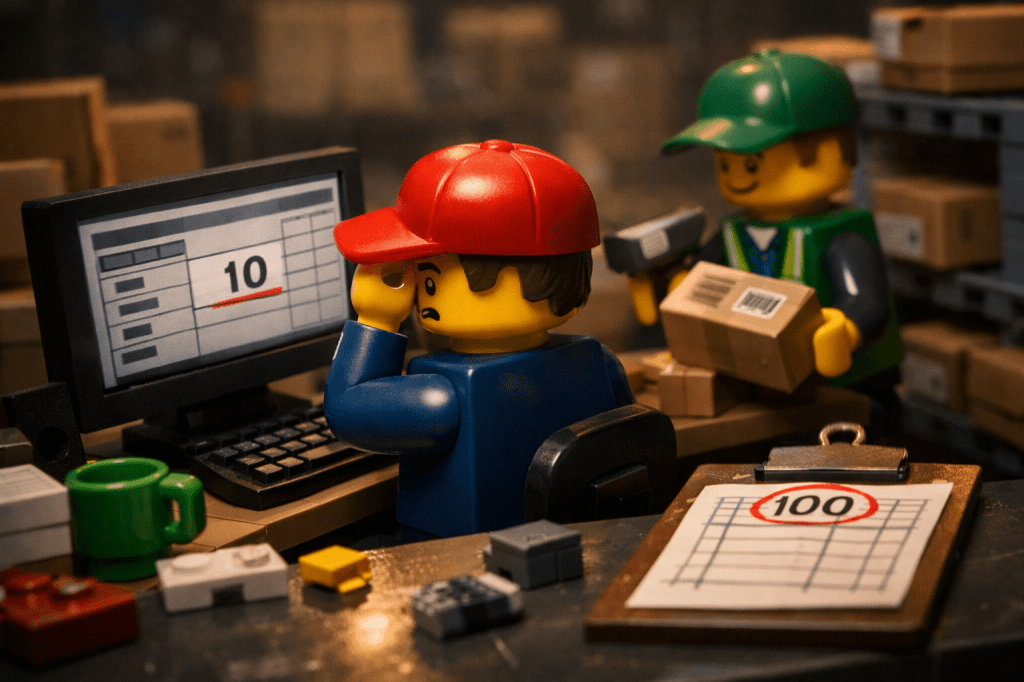 LEGO-style warehouse scene showing a worker stressed at a computer screen with an incorrect quantity entered, while another handles a scanned box nearby, illustrating how manual entry errors can affect inventory accuracy in CyberStockroom.