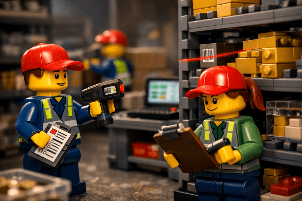 LEGO-style warehouse scene showing staff using a barcode scanner and clipboard to verify inventory on storage racks, representing regular cycle counting and audit processes for maintaining accuracy in CyberStockroom.