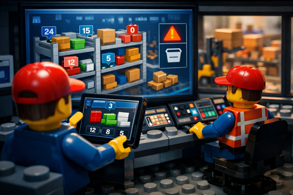 LEGO warehouse operators reviewing a digital dashboard and tablet showing stock levels by location, with alerts and quantities displayed on shelves, illustrating total inventory visibility in CyberStockroom.