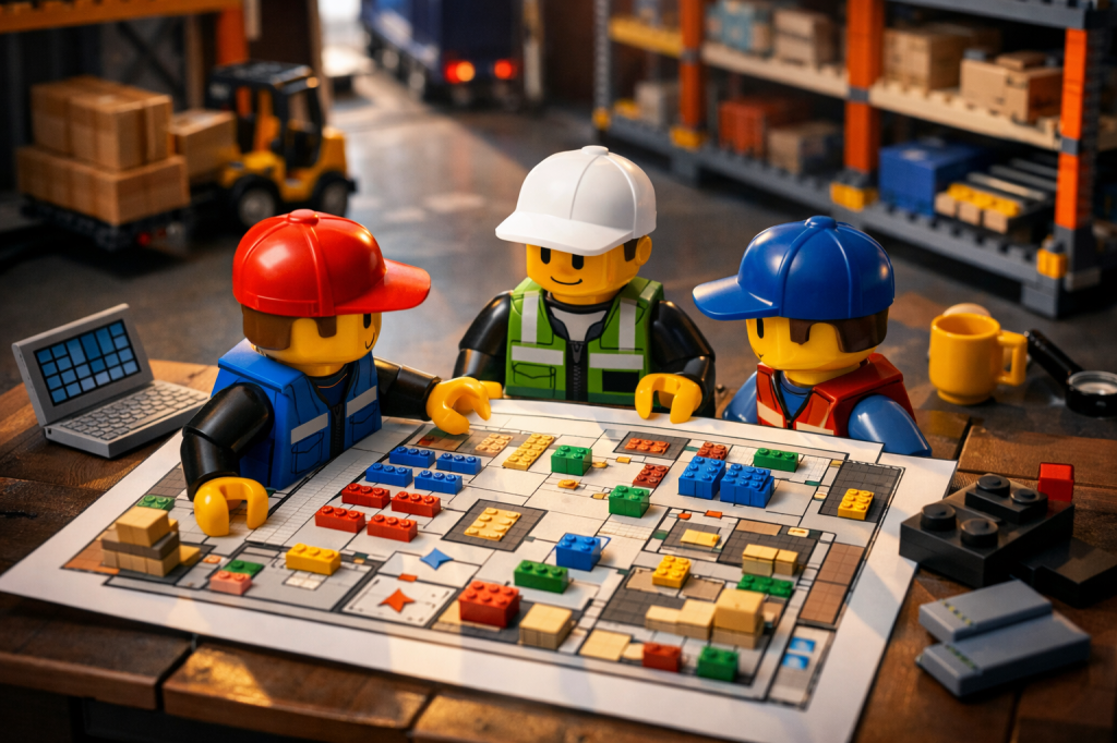 LEGO-style warehouse planning scene with workers reviewing a floor plan that outlines receiving, storage, and packing zones along with shelf and bin locations, representing how CyberStockroom helps build a structured facility map for accurate inventory management.