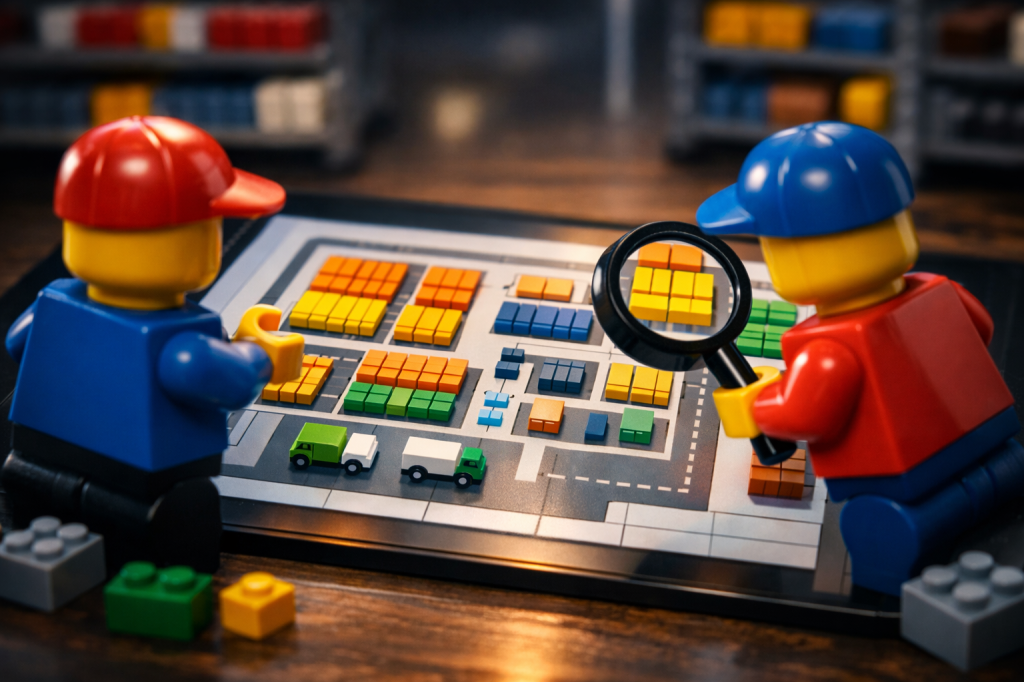 LEGO-style scene showing two workers analyzing a simple floor plan with color-coded storage zones and locations, illustrating how CyberStockroom uses intuitive 2D maps to visualize shelves, bins, and inventory across a facility.