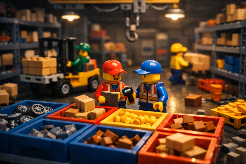 LEGO warehouse scene with staff counting and scanning items in storage bins during regular operations, demonstrating how CyberStockroom supports cycle counting and continuous inventory accuracy across locations.
