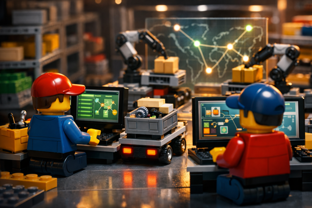 LEGO-style operators managing centralized inventory through digital dashboards while automated systems move stock across locations, illustrating how CyberStockroom supports inventory pooling and unified data visibility.