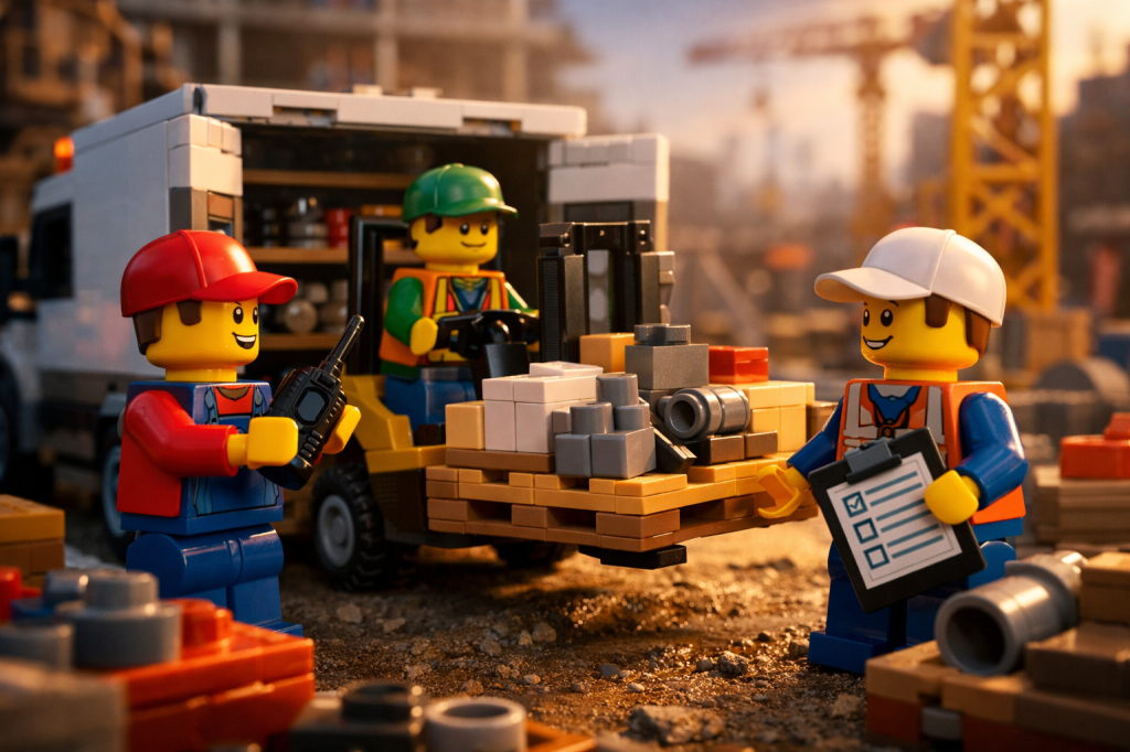 LEGO construction site scene with workers receiving materials from a centralized inventory pool, demonstrating how CyberStockroom helps maintain high service levels by reducing stockouts and enabling fast fulfillment across projects.