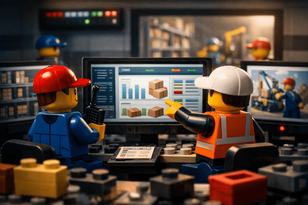 LEGO warehouse control room with workers monitoring inventory levels and coordinating stock between locations on digital screens, showing how CyberStockroom enables accurate, real-time coordination to prevent stock conflicts and shortages.
