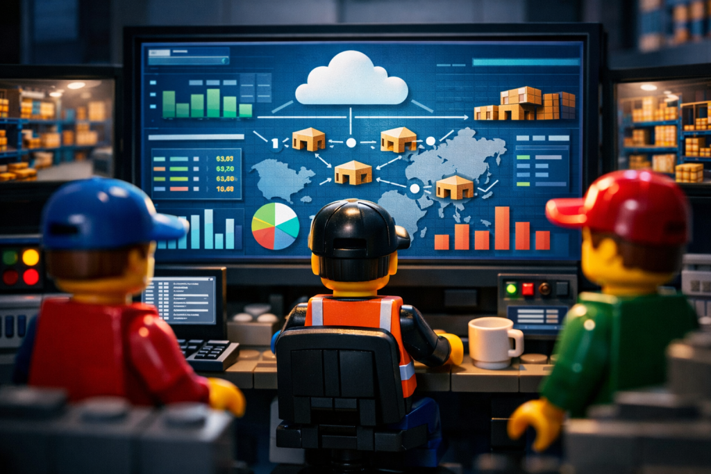 LEGO warehouse control room with a global inventory dashboard showing connected locations and live stock data, demonstrating how CyberStockroom centralizes inventory information into a single, real-time system.