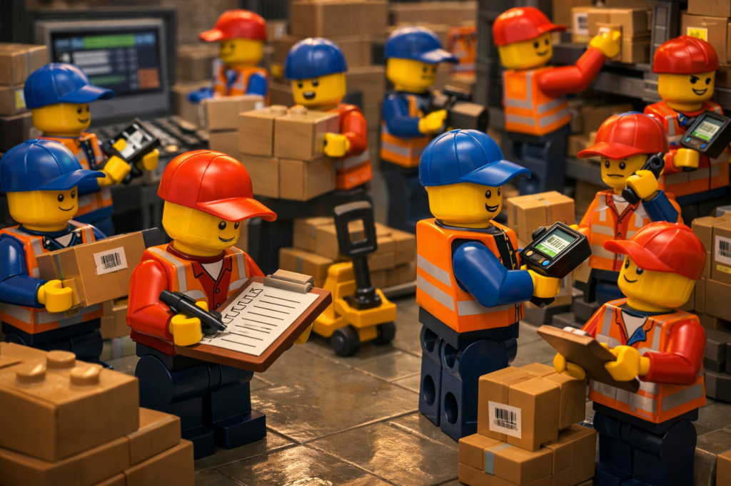 Warehouse team preparing for an inventory audit by scanning barcodes, checking quantities, and updating records, illustrating how CyberStockroom supports organized, accurate audit workflows.