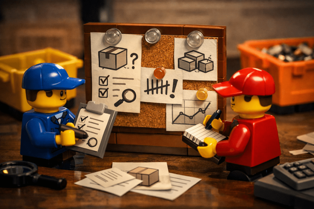 Warehouse staff documenting audit findings and identifying causes of inventory discrepancies using checklists and notes, highlighting how CyberStockroom supports continuous improvement in inventory accuracy.