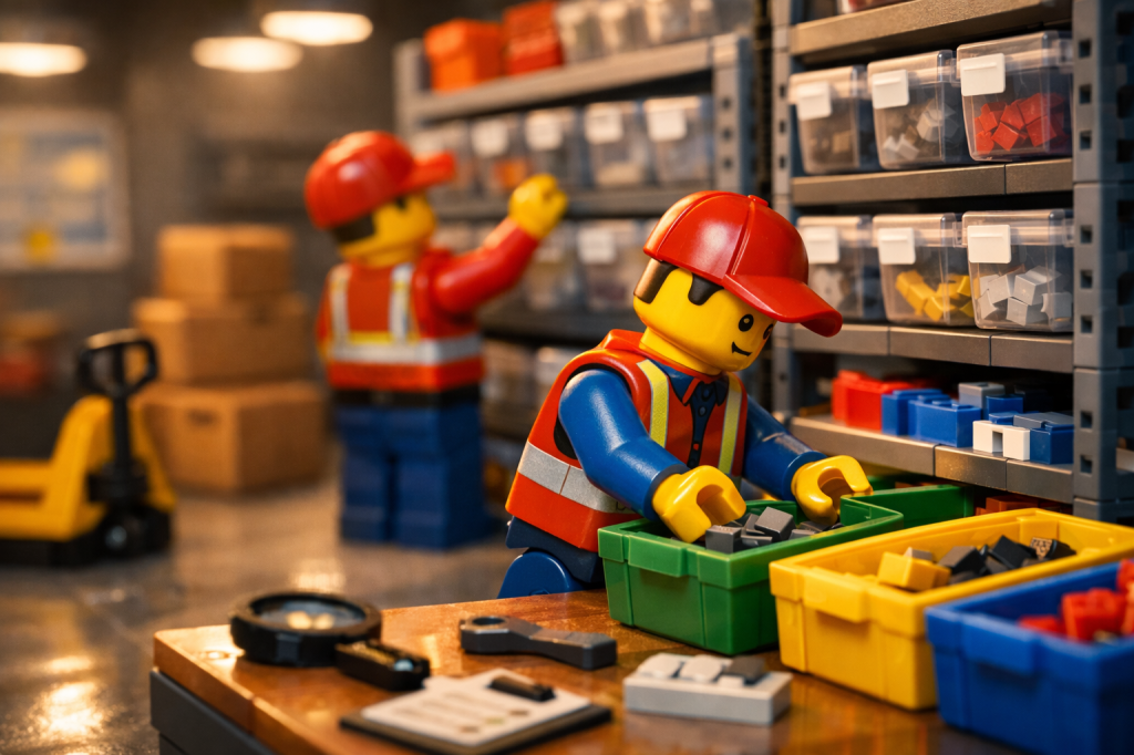 Workers sorting and checking inventory items against a checklist during an audit, illustrating how CyberStockroom helps standardize audit workflows and improve inventory accuracy.