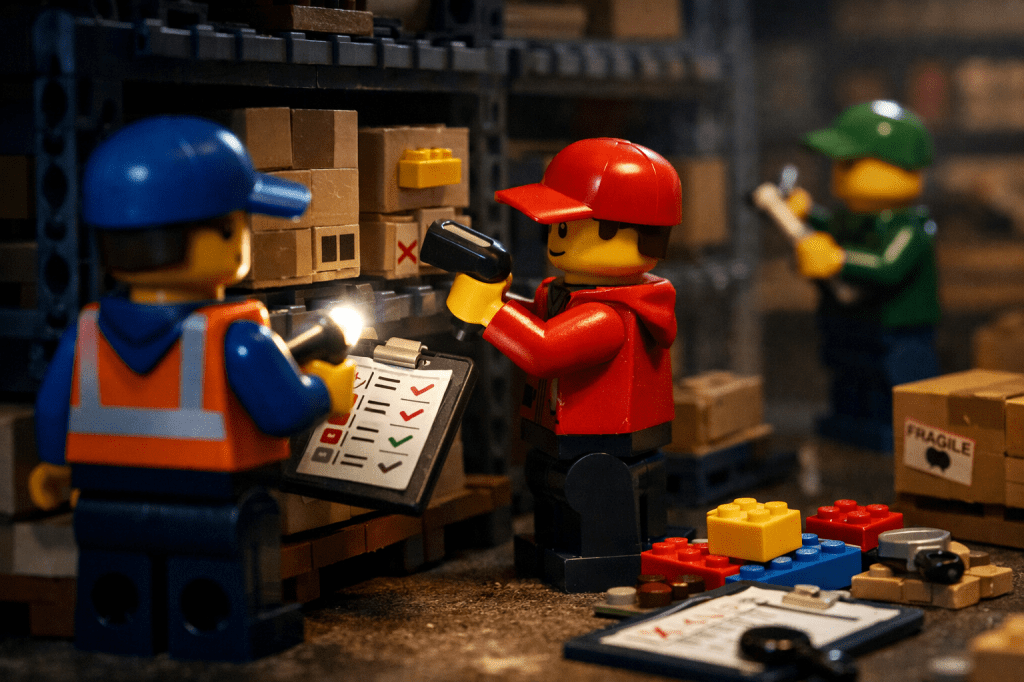 Warehouse team identifying discrepancies during an inventory audit using scanners and checklists, highlighting common audit pitfalls and how CyberStockroom helps prevent errors.