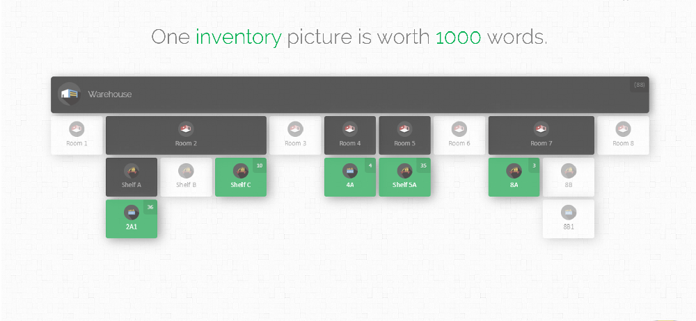 CyberStockroom demo inventory map showing a warehouse with shelves and bins.